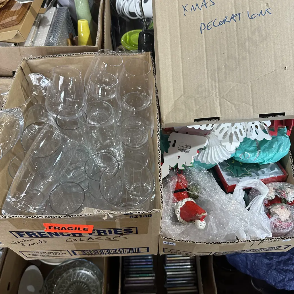 Two boxes christmas decorations and glassware. Image 1++