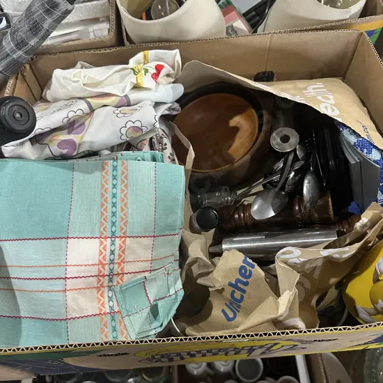 Box lot cups, cutlery, tea towels etc.