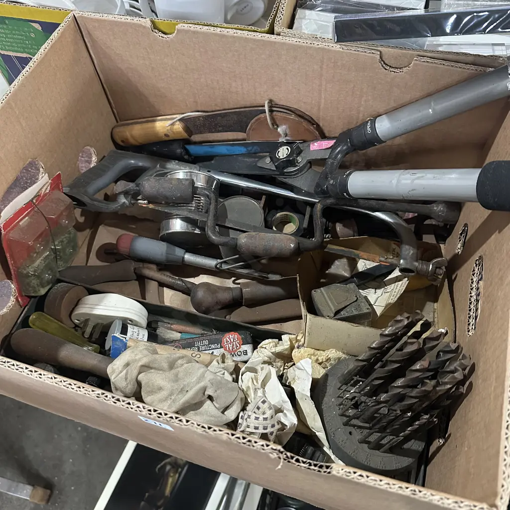 Box lot of old tools including drill bits etc. Image 1++
