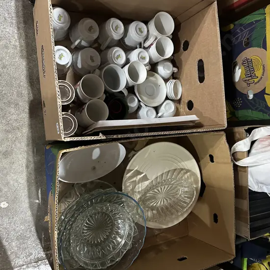 Two boxes cake stand, bowles and cups etc.