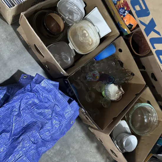Three boxes of baking, glasses, shells and two tarps etc.