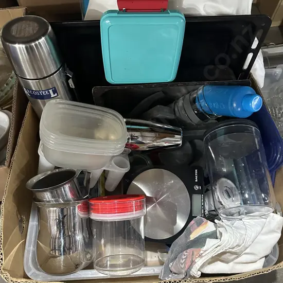 Box lot electronic scales, storage canisters, s/s jugs and thermos etc.