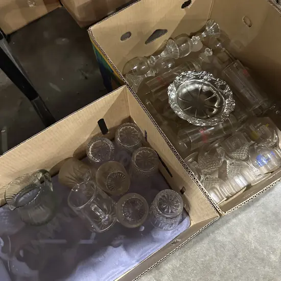 Two boxes glass and crystal ware plus vintage silver plate candy bowl.