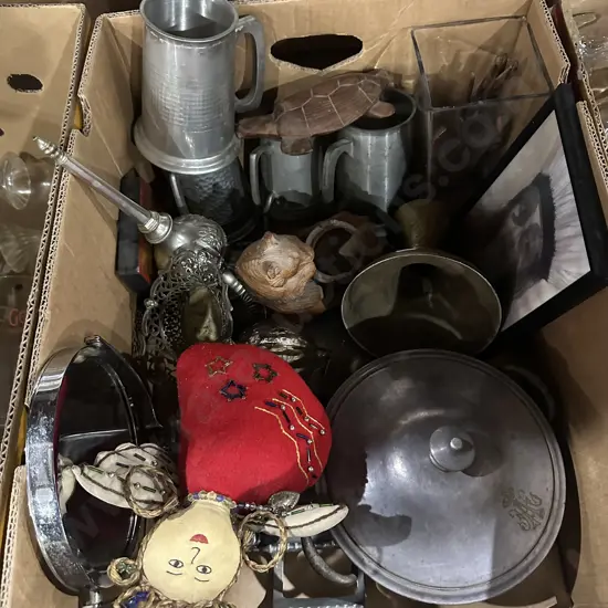 Box lot of assorted items including pewter cups and silverware etc.