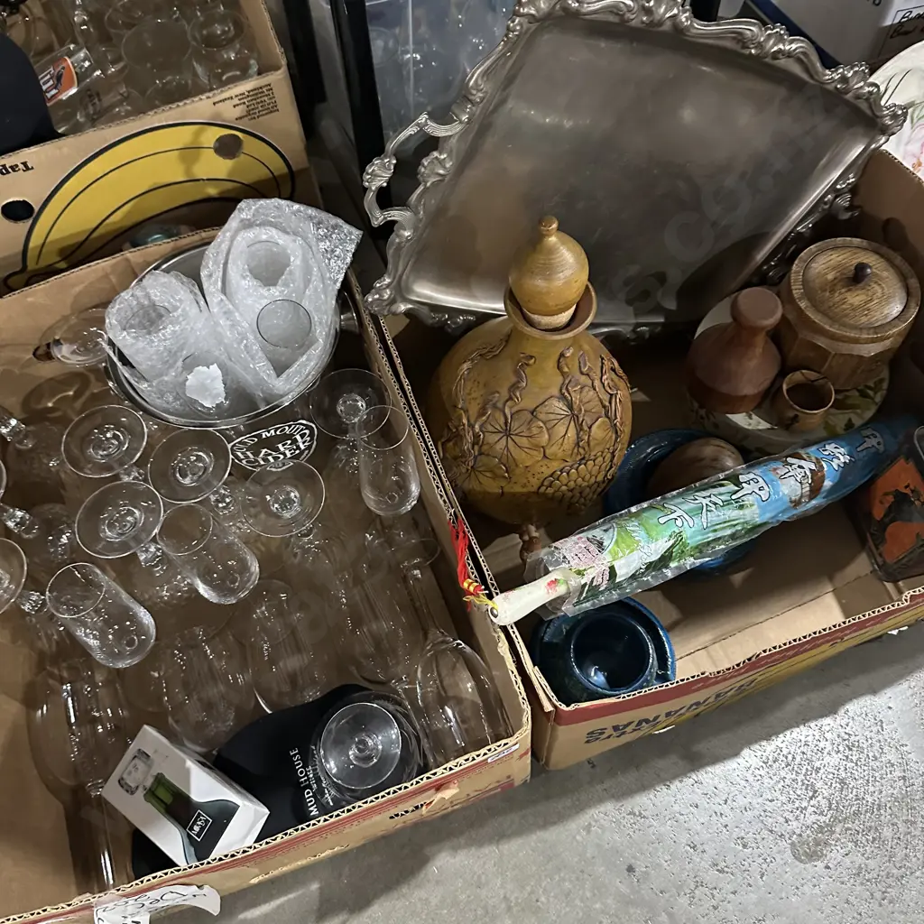 Two boxes unusual tin, large silver plate serving tray, ice bucket and glasses etc. Image 1++