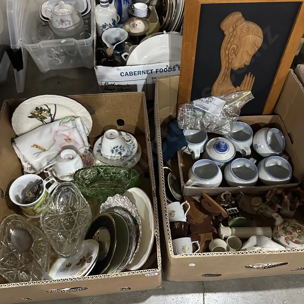 Two boxes english china, pottery, green glass, ornaments and art etc. Image 1++