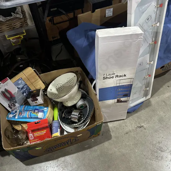 Box lot of assorted items plus new shoe rack and collage frame.