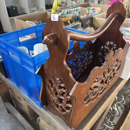 carved Mahogany magazine holder plus bin of smalls