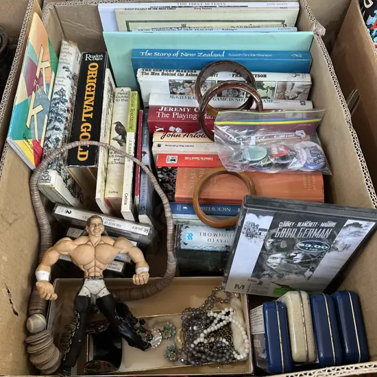 Box lot costume jewellery, books, cassette tapes, tins etc.