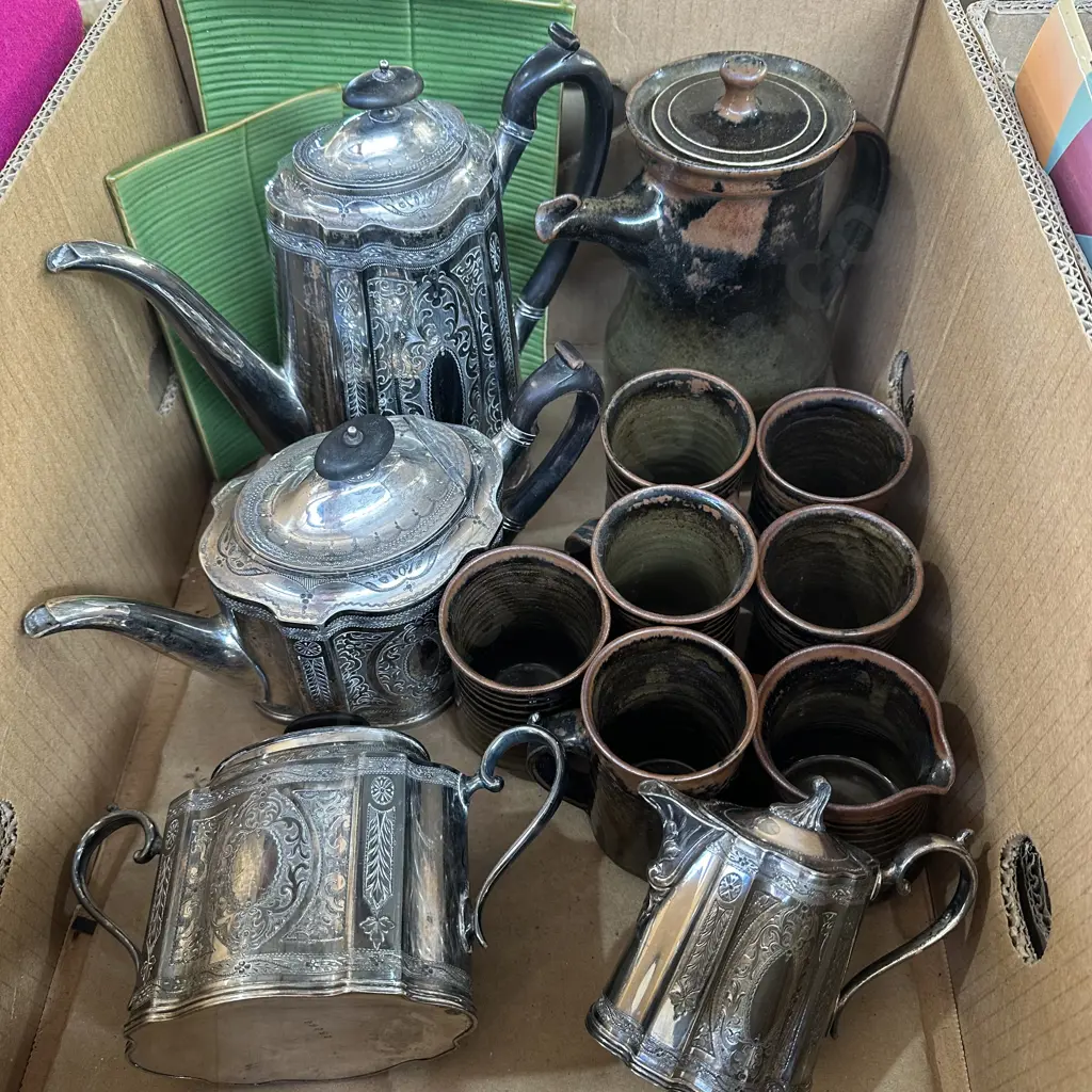 Box lot Waimea pottery tea set, glazed pottery trays and silverware, Image 1++