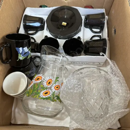 Boxed and complete set of arcoroc cups and saucers, crystal and water jug etc.