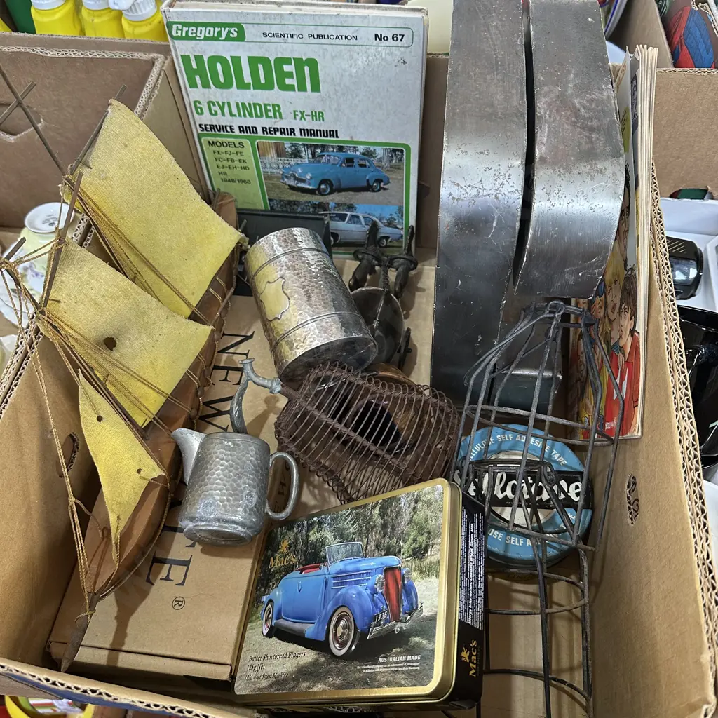 Box lot metal D and C letters, clock and ornaments, book and MAD comic etc. Image 1++