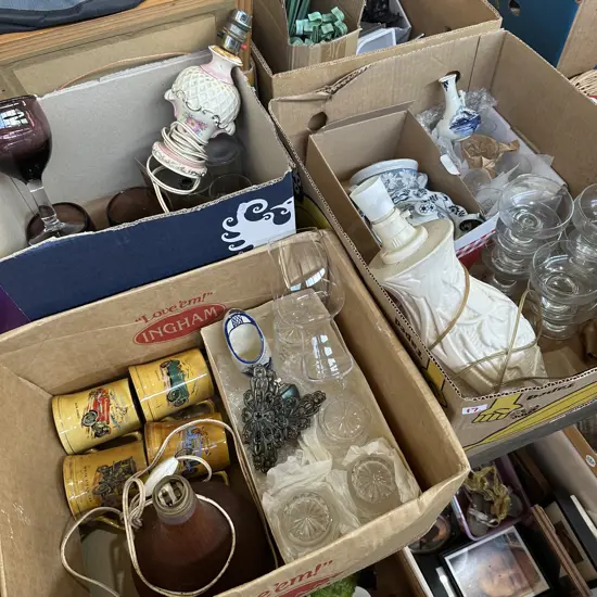 Three boxes, three lamps, crystal and glasses, pottery etc.