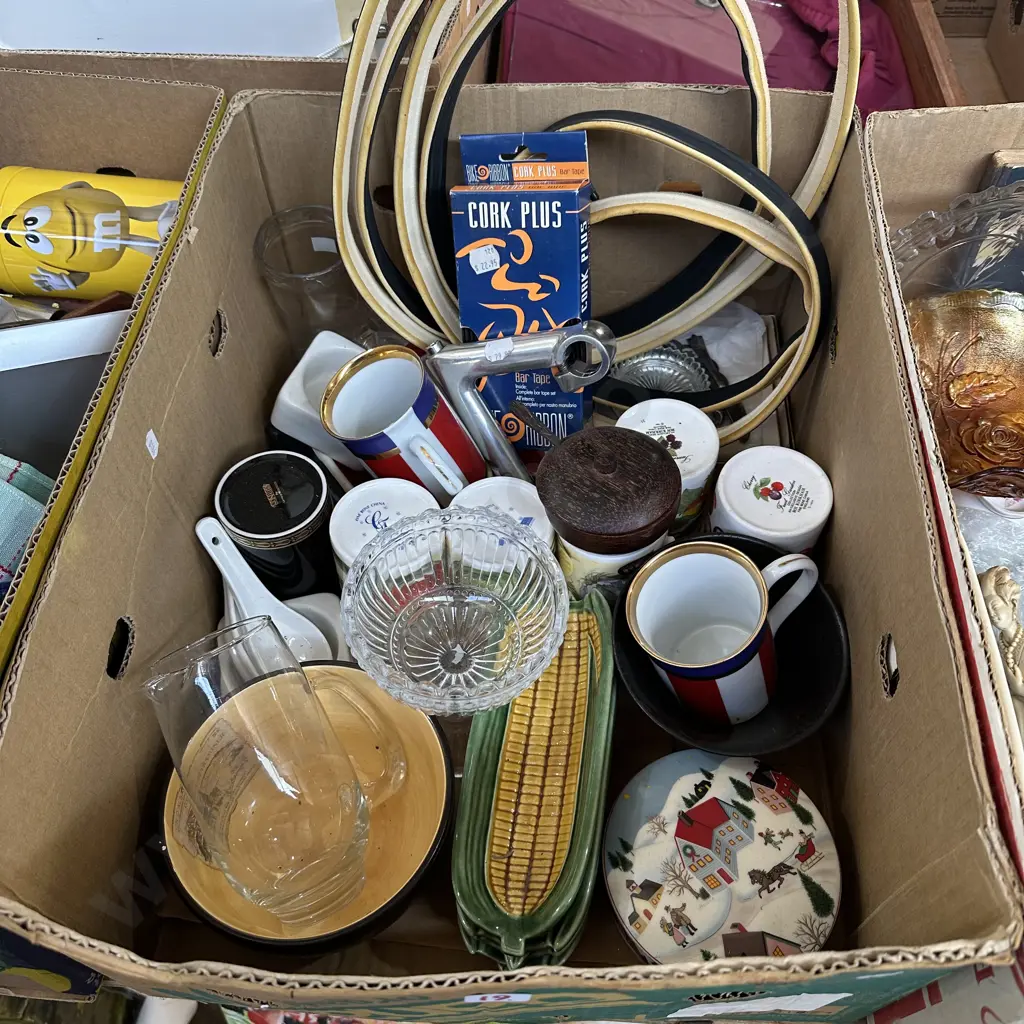 Box lot dinnerware and pushbike parts. Image 1++