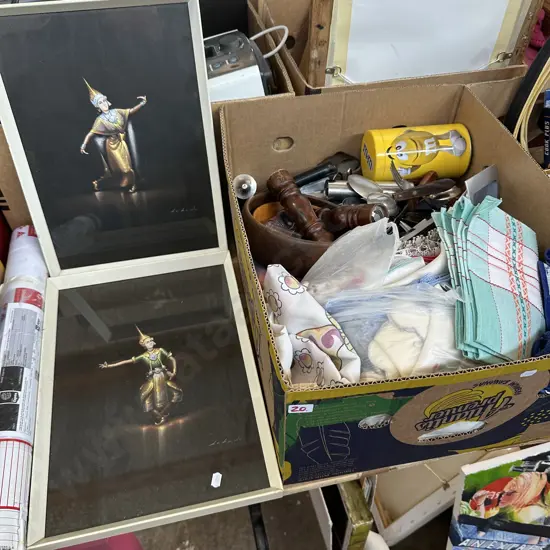 Box lot cutlery, vintage tea towels plus pair of pictures and map.