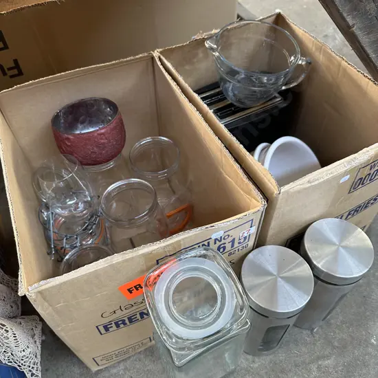 Two boxes toaster, glass measuring jug, canisters etc.