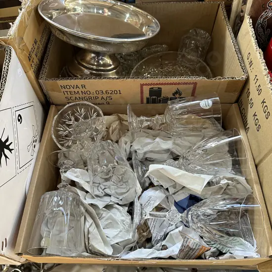 Two boxes of crystal plus a silver comport.