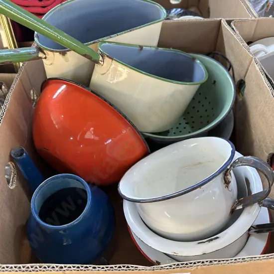 Box lot of enamelware pots, pans, colanders etc.
