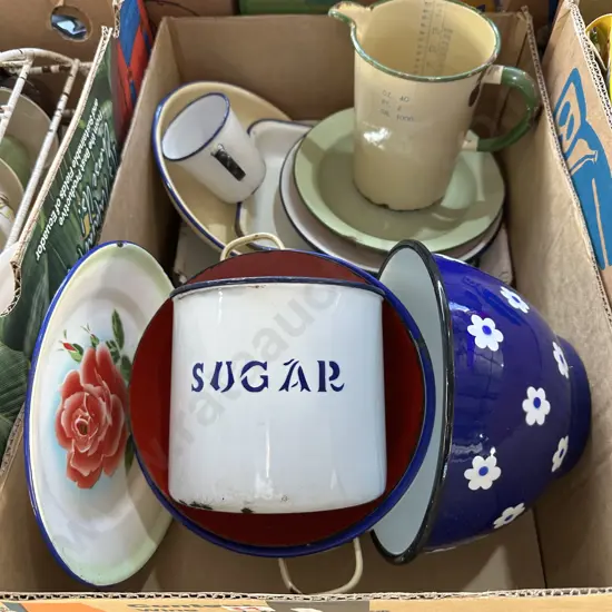 Box lot of enamelware bowls, measuring jug, sugar bowl etc.