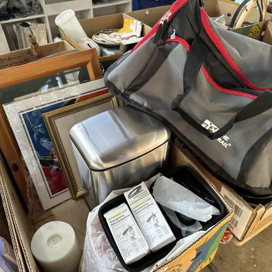 Peddle bin, pictures, large candle, bag, wrapping paper etc.