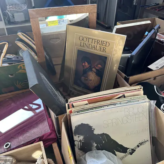 Box of records plus mirror, picture and Maori art book