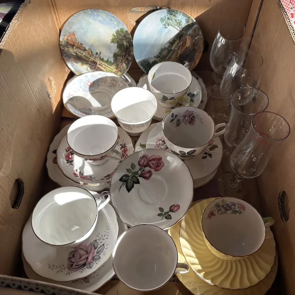 English china tea sets, glasses plus pair Poole collector plates. Image 1++