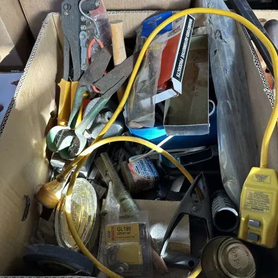 Box lot of old tools and hardware including grinding disks etc.