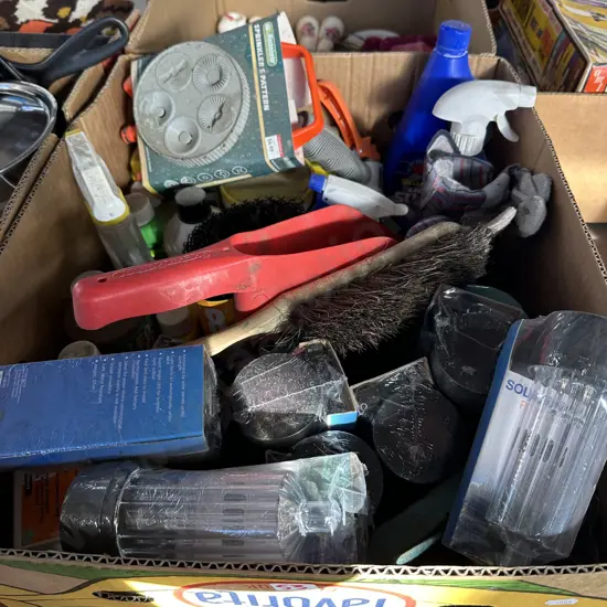 Box lot of gardening products including solar lights etc.