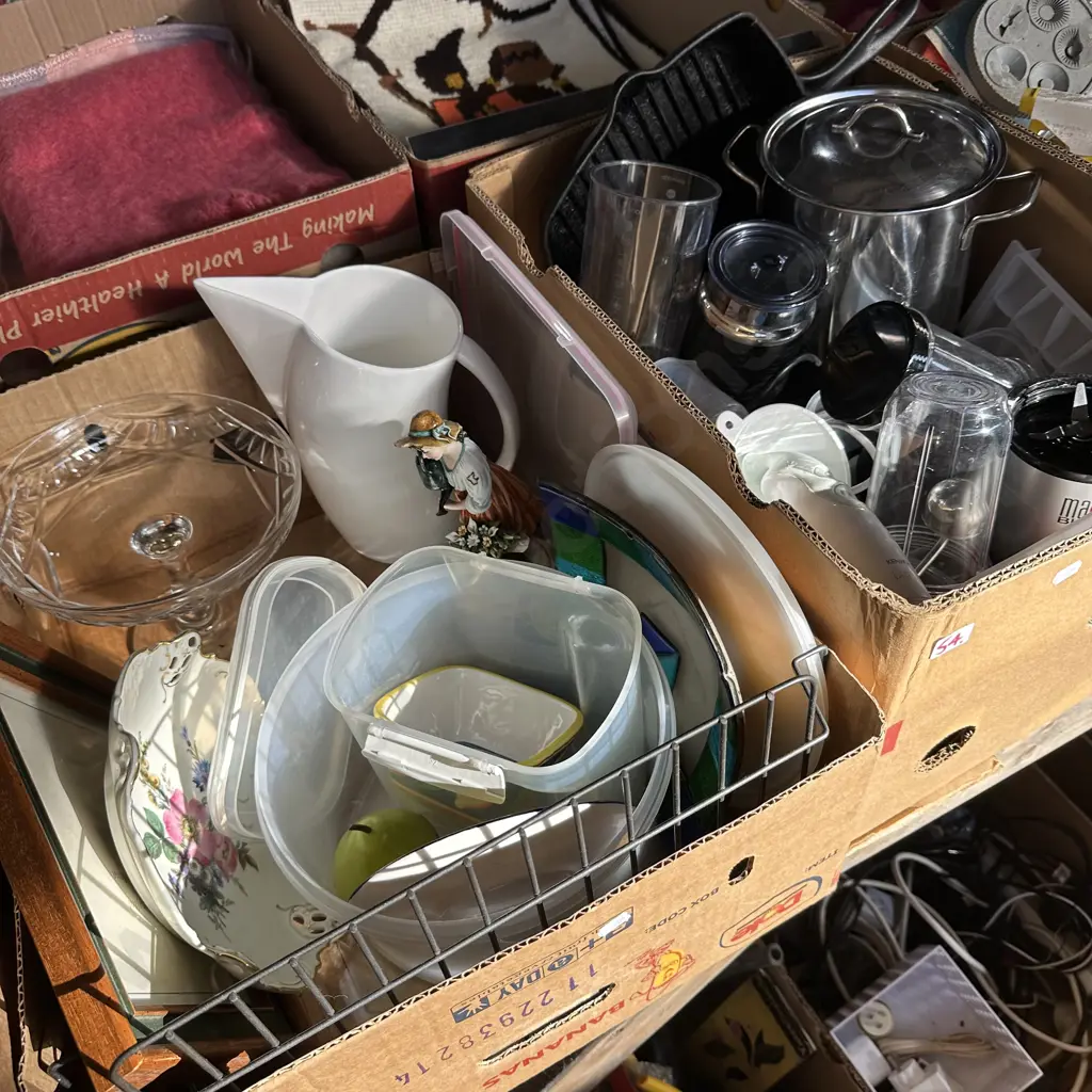 Two boxes magic bullet, cast iron skillet, lidded pot, milk frothier etc. Image 1++