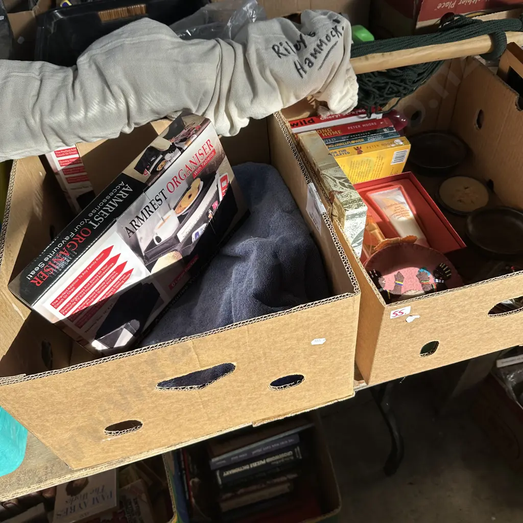 Two boxes hammock, books, perfume, 2x armrest organiser etc. Image 1++