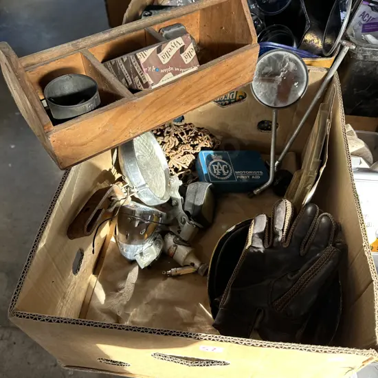 Box lot carry case, gloves, chain, lights and rear vision mirrors etc.