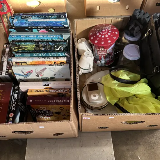 Two boxes Roses books, DVDs, i-Pod, handbag and Hi-Vis jacket etc.