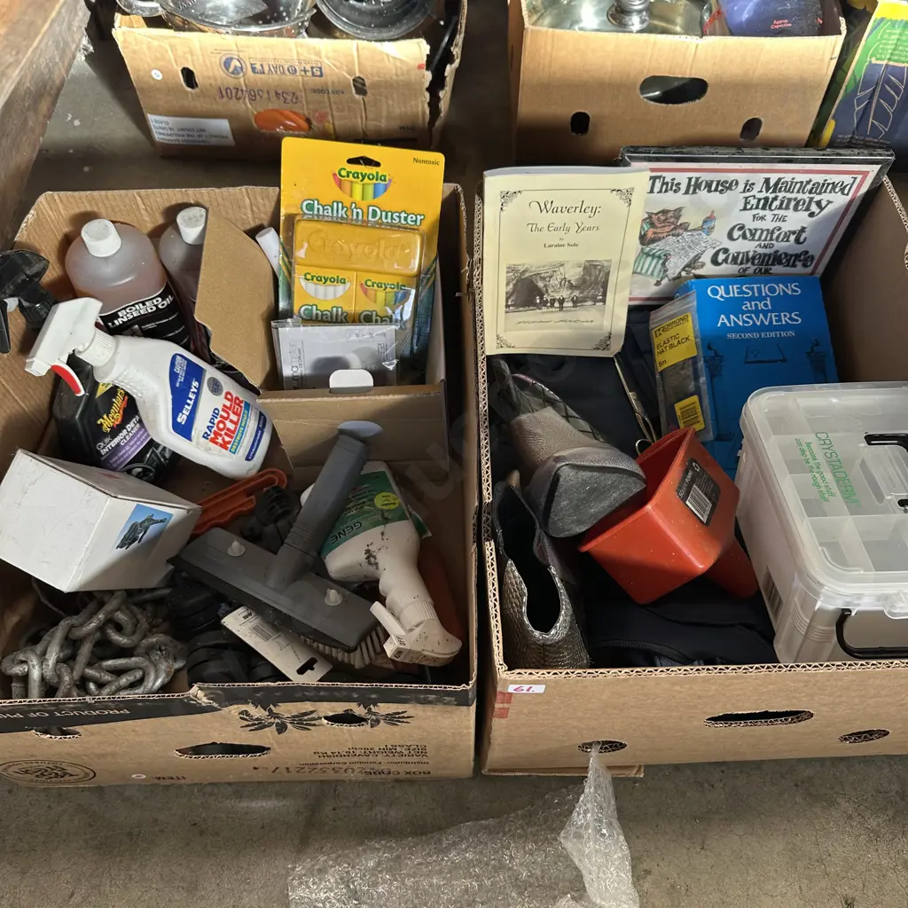 Two boxes Linseed oil, books and pictures, large chain and chalk etc. Image 1++
