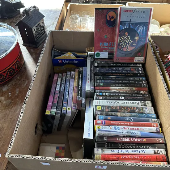 Box lot of videos, DVD movies and music.