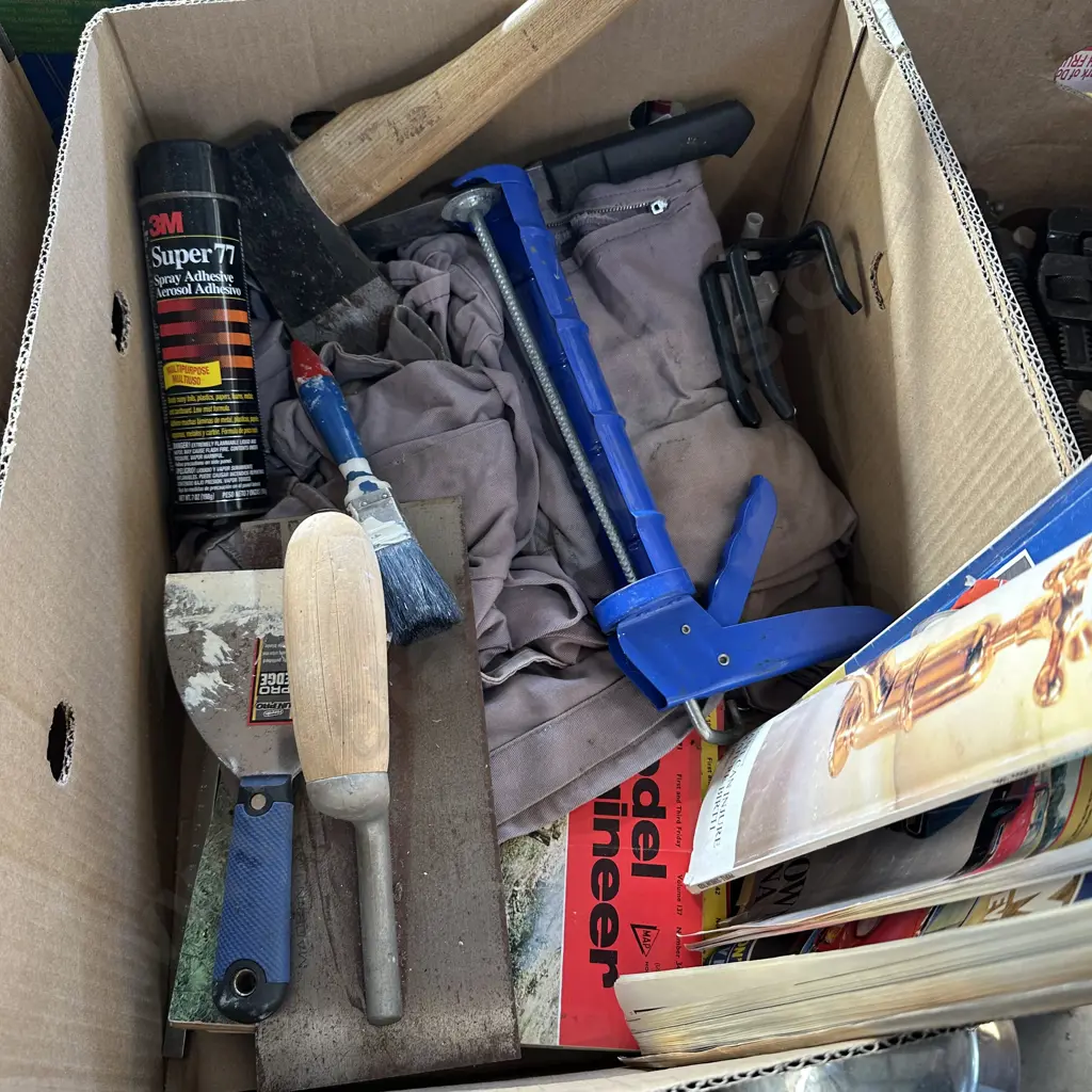 Box lot overalls, plaster tools, tomahawk etc. Image 1++