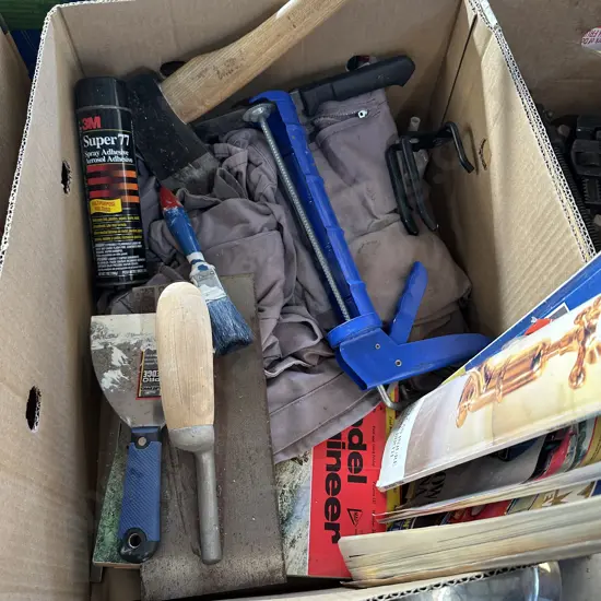 Box lot overalls, plaster tools, tomahawk etc.