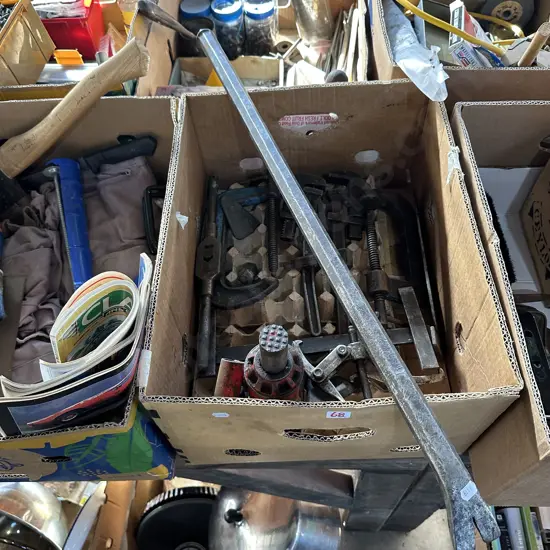 Box lot heavy pinch bar, jack, bearing pullers and wrenches etc.