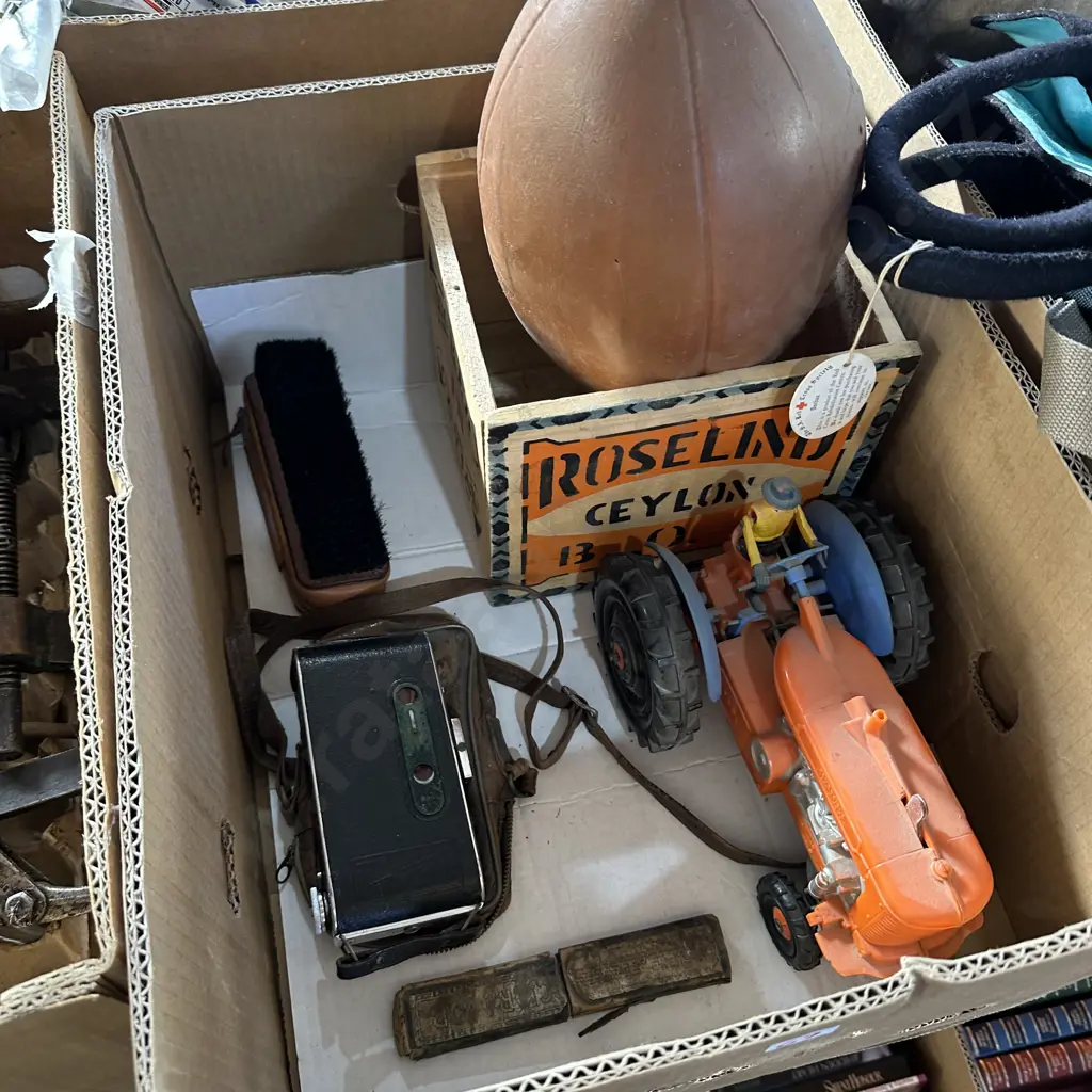 Box lot camera, tractor, wooden tea crate etc. Image 1++
