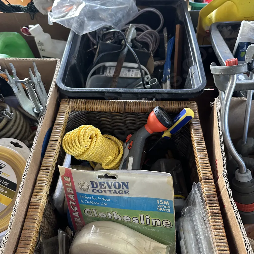 Basket and bin of tools and assorted items. Image 1++