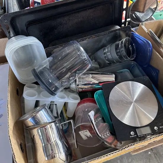 Box lot of stainless jugs, electronic scales and roasting dishes etc.