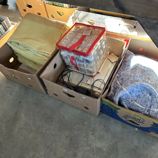 Three boxes new microplush 3/4 robe, pair yellow wool blankets etc.
