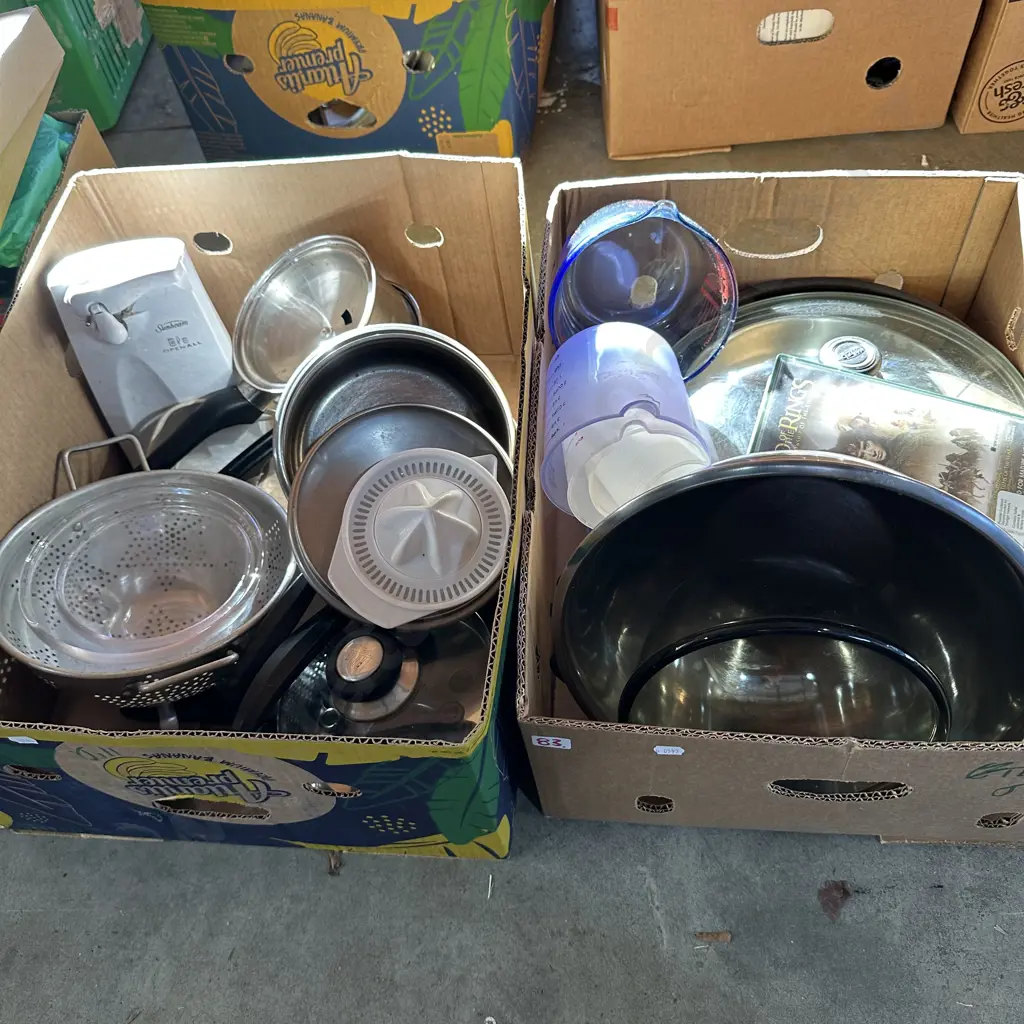 Two boxes pots, Pyrex measuring jug, large s/s mixing bowl, electric can opener etc. Image 1++