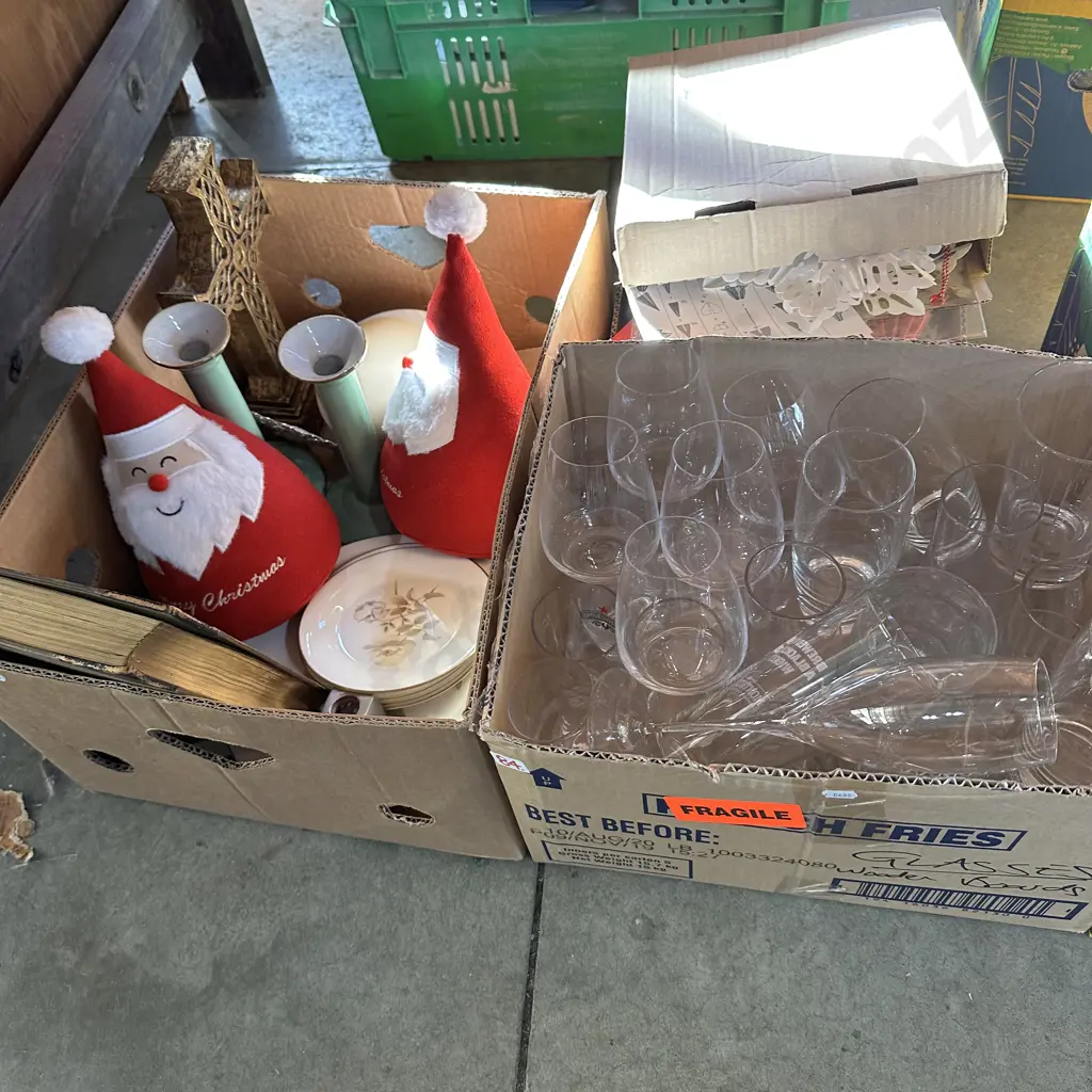 Three boxes wine glasses, pair candle sticke and santa door stops etc. Image 1++