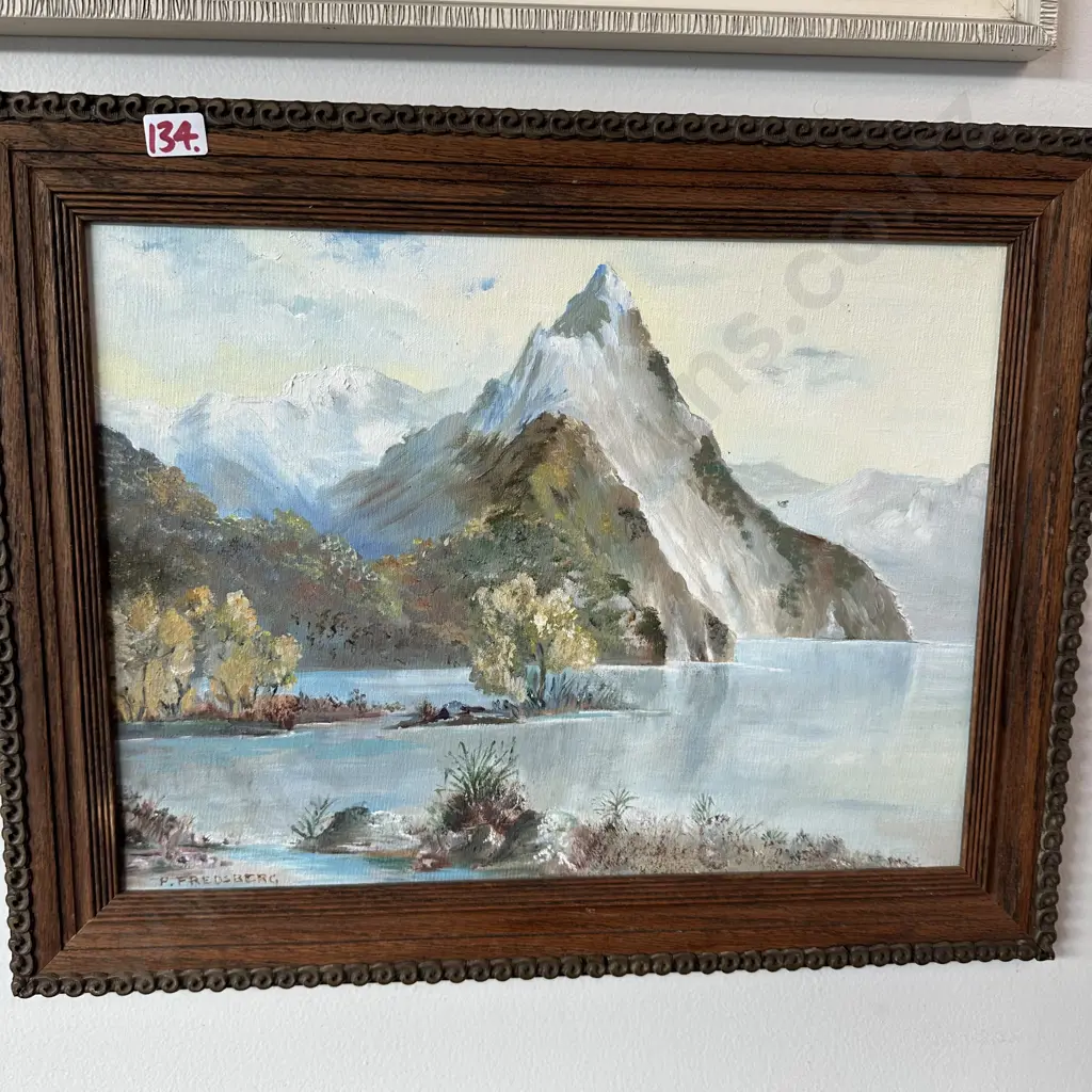 Oak framed oil painting Mitre Peak by P Fredsberg Image 1++