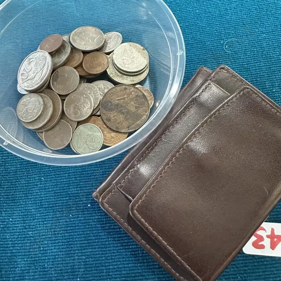 leather wallet and coinage