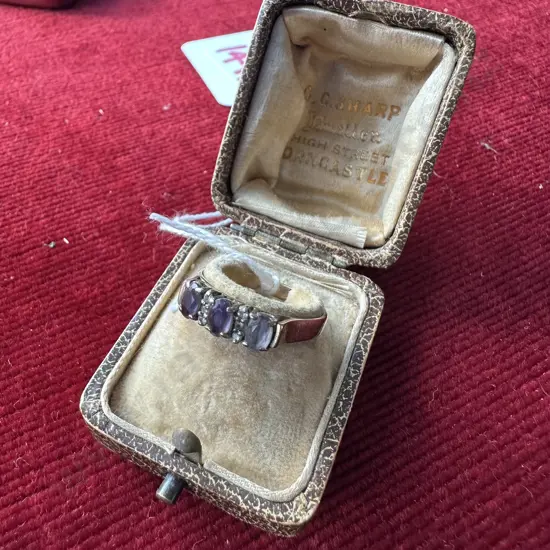 9ct Gold three-stone trilogy  Amethyst & diamond ring