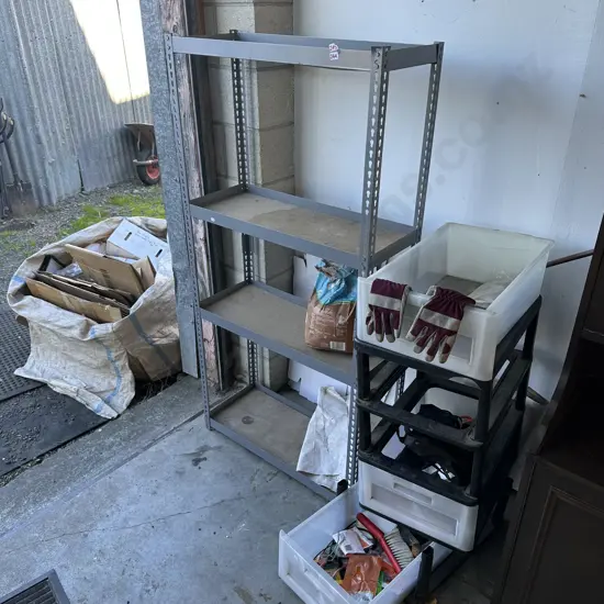 plastic drawers and contents plus garage shelf