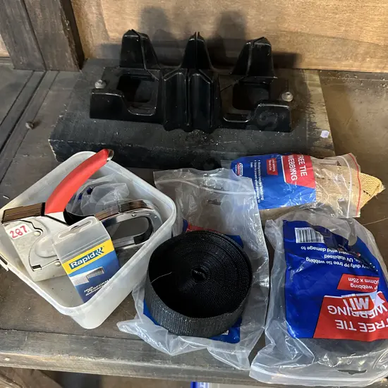 staple gun, mitre box, tree strapping