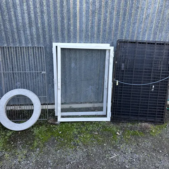 stainless gate, screen doors, pet cage and concrete garden round