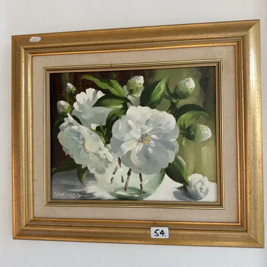 Dennis Wilson "White Camelias" framed oil painting 370 x 320